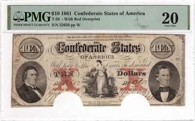 $10 1861 Confederate States of America T-26 CSA PMG VF20 Cancelled - Image 1 of 2