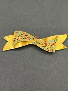 Vtg Antique Art Deco Layered Filigree Colored Rhinestone Bow Brooch Pin Gold Tn - Picture 1 of 5