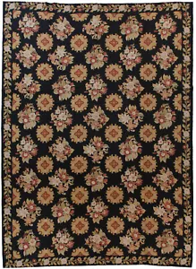 RRA 10x14 Chain Stitch Rug Floral Bouquet Design Black Carpet 40095 - Picture 1 of 3