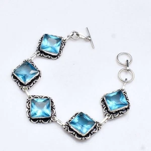 Blue Topaz Gemstone Handmade Bracelet Jewelry Silver Plated Valentine's Day - Picture 1 of 1