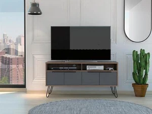 Mueble de TV de pantalla ancha de roble blanqueado de dos tonos 4 puertas de almacenamiento patas de horquilla de metal - Imagen 1 de 6