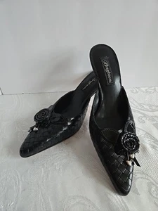 Brighton Paige Woven Leather 7.5m Mules/Slides Kitten Heel Black leather rose - Picture 1 of 15