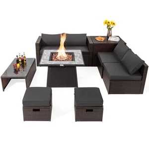 9PCS Patio Rattan Furniture Set Fire Pit Space-Saving Storage W/Cover Grey - Picture 1 of 10