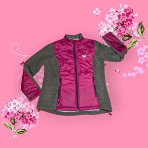 EVERLAST Fuschia Pink Gray Fleece PUFFER Jacket Athletic Zip Pocket Womens Large - Picture 1 of 15