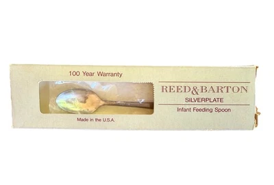 Colher de alimentação infantil placa de prata vintage Reed & Barton novo estoque antigo pacote lacrado - Imagem 1 de 4