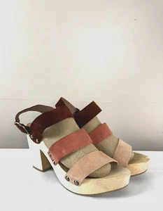 Retro Boho Chunky Platform Suede Leather 9.5 Sandals Pink Brown Wooden Heel - Picture 1 of 18