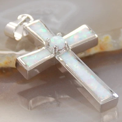 Cross White fire opal gemstone silver pendant - Image 1 of 3