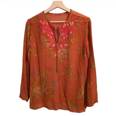 Blusa Top Cabi Seda Mediana Coral Floral Transparente Bordada Adornada Caprichosa Foto 1 de 4