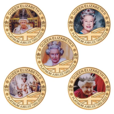 5er Set Queen Elizabeth II 70. Jahrestag Platinum Jubileum vergoldet - Bild 1 von 4