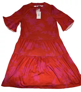 Womens Dress Large Loose Tiered Babydoll Ruffled Sleeve Coral & Pink Summer - Picture 1 of 6