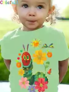 Toddler Girls T-Shirt Green Cartoon Top Tee 3 4 5 NEW Caterpillar Flowers Summer - Picture 1 of 3