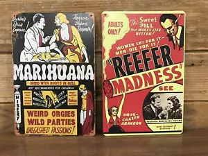 Marijuana Vntg Weed Hell Funny Repro Metal sign Pair 8"X12" Decor Reefer Madness - Picture 1 of 12