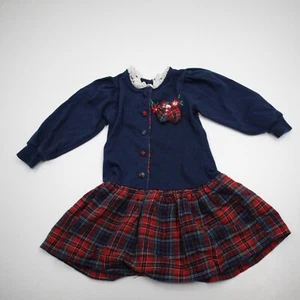 Vintage Buster Brown Girls Dress Size 4 90’s Plaid Blue Red Embroidered Kids - Picture 1 of 6
