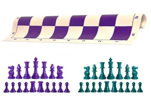 Piezas de ajedrez púrpura y acuático y tablero de vinilo púrpura de 20" - juego de ajedrez ponderado único - Imagen 1 de 4