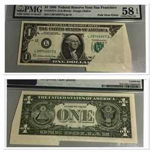 FR#1913-L Fold Over Error.PMG 58 EPQ.$1 1985 F.R.N.San Francisco  - Picture 1 of 7