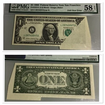 FR#1913-L Fold Over Error.PMG 58 EPQ.$1 1985 F.R.N.San Francisco  - Image 1 of 4