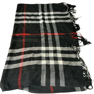 Black Plaid Scarf Wrap Shawl Fringed Blanket Cozy Warm Winter - Picture 1 of 3