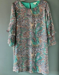 EST. 1946 Shift Dress Lg Paisley Teal Trumpet 3/4 Sleeve Boho Romantic Statement - Picture 1 of 9
