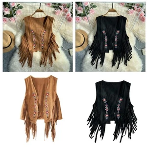 Womens Fringe Waistcoat Vest Dating Casual 70S Hippie Suede Fringe Jacket - Picture 1 of 15