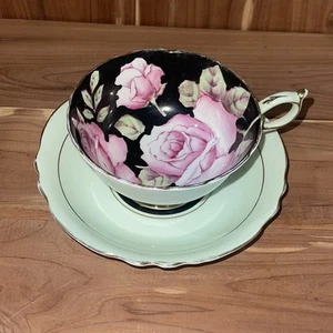 Paragon Double Warrant Cabbage Rose Tea Cup & Saucer Pink & Black Teacup GUC - Picture 1 of 11