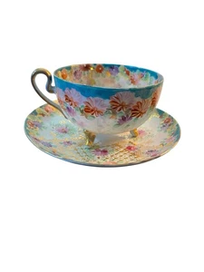 Taza de té y platillo delicada porcelana obsoleta *LEER taza floral de 3 patas culpa dorada - Imagen 1 de 11