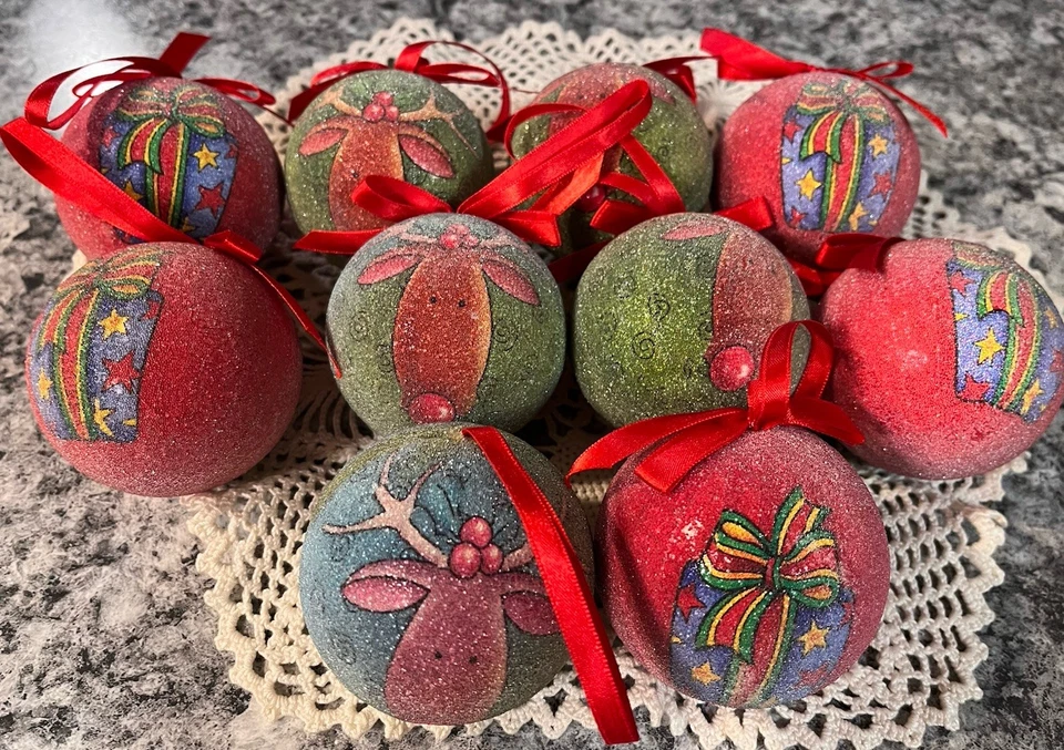 10 Vintage Sugar Coated Frosted Christmas Tree Ornaments Whimsy Reindeer Present - Image 1 of 4