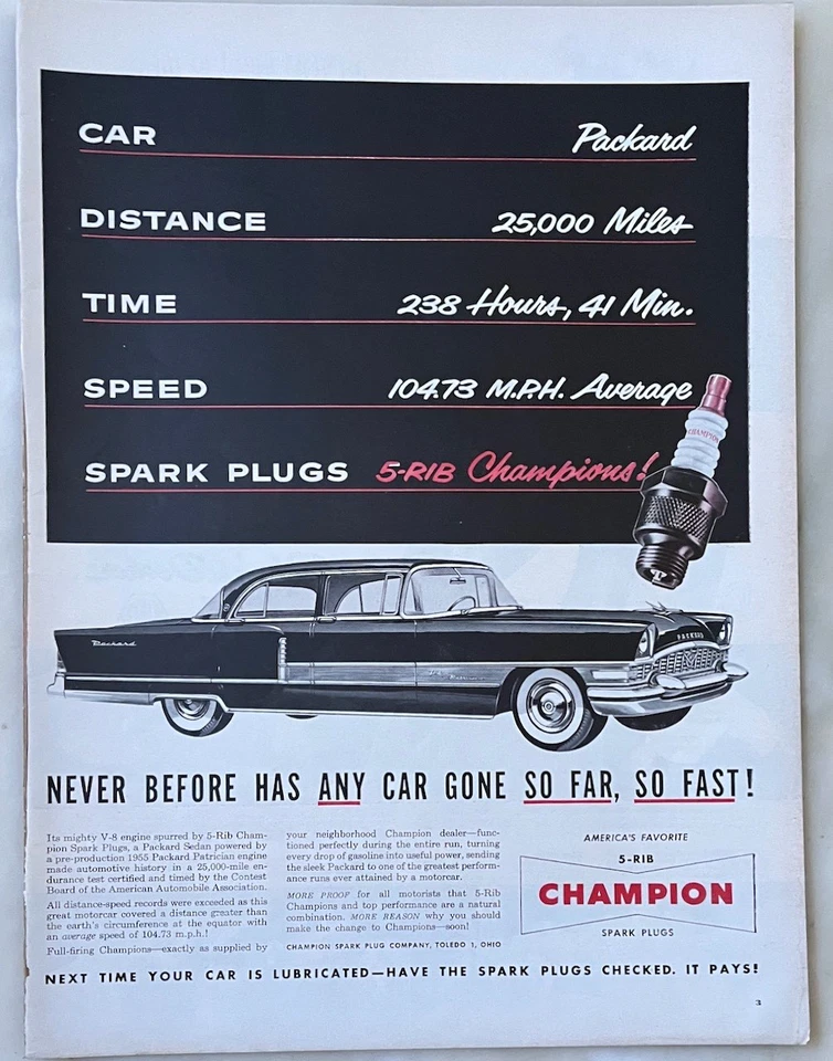 1954 magazine ad for Champion featuring Packard - goes far so fast - Image 1 of 1