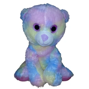 Regenbogen Glitzeraugen Bär Plüschtier rosa blau gelb Batik Stofftier 12 Zoll - Bild 1 von 4