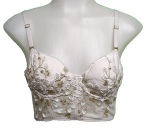 Corset White & Gold Leaves Botanicals Bra Medium Fairycore Padded Whimsy M - Picture 1 of 11