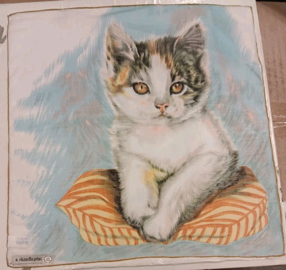 Vintage Handkerchief Hankie Skandia Print Cotton Cat Kitten Calico  12" - Изображение 1 из 4