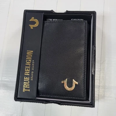 Cartera True Religion de cuero triple pliegue logotipo dorado para hombre nueva caja de regalo con etiqueta RFID Foto 1 de 4