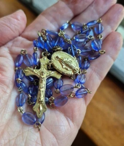 Vtg Blue Glass Beads Miraculous Rosary 54 + 5 Bead O Mary Conceived Without Sin - Picture 1 of 8