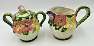 1995 Omnibus Fitz and Floyd Floral Basketweave Creamer & Sugar Set Spring Easter - Picture 1 of 10