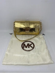 Michael Kors Shiny Metallic Gold Logo Designer Gold Chain Purse w/ Dust Bag - Imagen 1 de 23