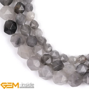 Gray Cloudy Quartz Natural Gemstone Polygonal Faceted Round Beads Jewelry Making - Foto 1 di 29