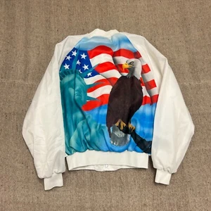 Vintage USA Bomber Jacket Mens Large White 1980s Statue Of Liberty Eagle - Picture 1 of 10