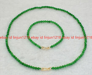 14k Solid Gold Clasp 4mm Faceted Green Jade Gems Beads Necklace Bracelet 18/7.5"