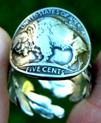 Real Buffalo Indian Nickel signet ring adjustable sterling silver feather wings - Image 1 of 4