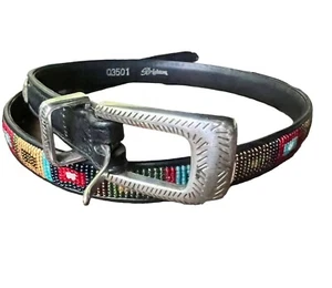 Vintage Brighton Black Leather Multicolor Beaded Skinny Belt Silver Buckle 32” - Picture 1 of 11
