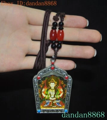 Tibetano plata incrustada gema 4 brazos Tara Kwan-Yin Buda estatua amuleto colgante Foto 1 de 4