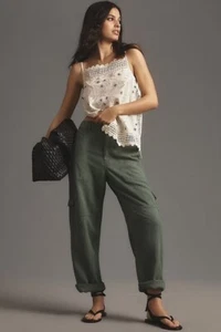 Pantalón cargo PILCRO ANTHROPOLOGIE delgado de lino playa cintura elástica LT L ALTO $128 - Imagen 1 de 9