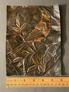 VTG HANDMADE EMBOSSED CARDINAL BIRD PERCHED ON BRANCH W/ LEAVES ON COPPER FOIL - Picture 1 of 4