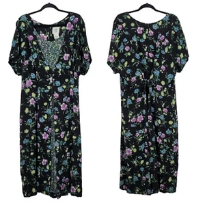Vintage 80er Jahre bescheiden schwarz Blumenmuster Maxikleid Übergröße 24 W Rückkrawatte Cottagecore - Bild 1 von 11