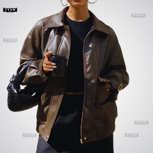 Ladies’ Oversized Leather Jacket - Classic Look - Choclate Black - Sizes XS-XXL - Picture 1 of 7
