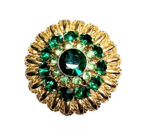 Vintage Brooch Sphinx Gold Metal Crystals Green Glass Gems Round 25.54g - Picture 1 of 9