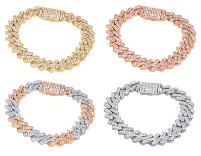 Brazalete cubano de diamantes reales de 8 quilates con enlace de canal de oro de 10 quilates 12 mm 8" Foto 1 de 4