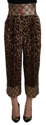 Calça feminina Dolce & Gabbana marrom leopardo ouro jacquard cintura alta autêntica - Imagem 1 de 4