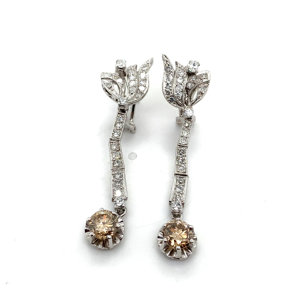 18K 白金 2 克拉欧洲切割棕色钻石带 1 克拉单切吊坠耳环 — 第 1/4 张图片