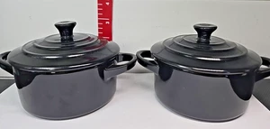 2 Le Creuset Stoneware Mini Round Cocotte, 8 oz., Black Onyx ovenware - Picture 1 of 6
