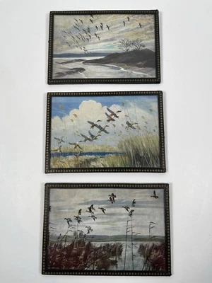 Peter Scott Set Of 3 Small Prints 14.5cm Flying Birds Scenes Hand Framed - Image 1 of 4